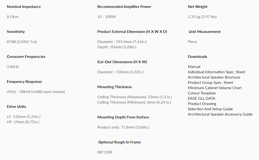 KEF Ci130QR Specifications